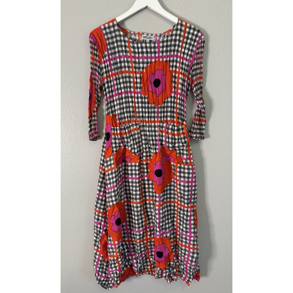 Alquema Smash Pocket Dress Crinkle Floral Gingham Artsy Lagenlook NWT Size 1 S/M